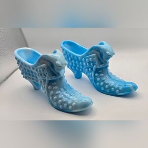 Vintage Fenton Art Glass Blue Swirl Milk Glass Hobnail Cat Head Shoe Stickered